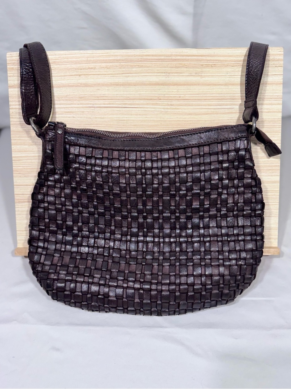 Vilenca Holland Woven Leather Crossbody, Dark Brown